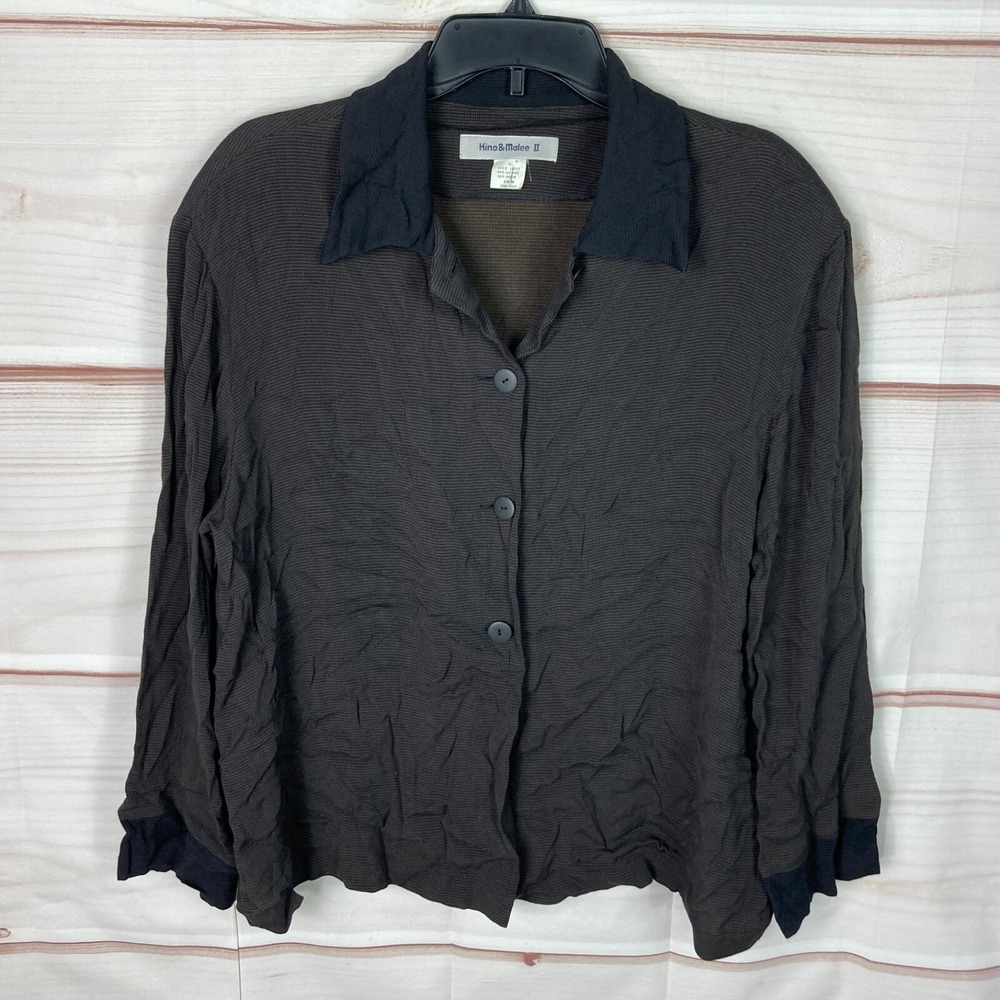 Hino & Malee II Top Womens M Brown Black Button Up Shirt Long Sleeve Collar